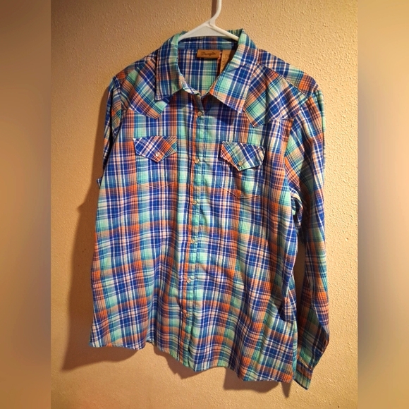 Wrangler Tops - Wrangler Shirt Womens L Blue And Orange Plaid Long Sleeve Pearl Snap Western